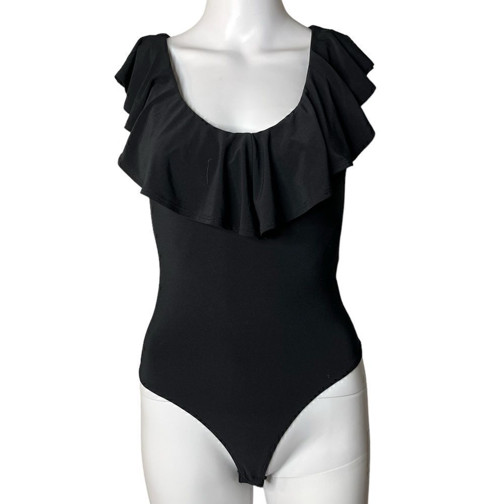 Abound Ruffle V Neck Thong Bodysuit Black Size XS